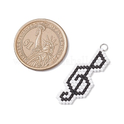 ガラスシードビーズ音符ペンダント  304ステンレススチールオープン丸カン付き  ブラック  33.5x13.5x1.5mm  穴：3mm&nbsp;PALLOY-MZ01052