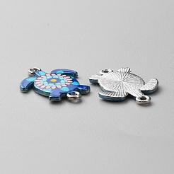 合金エナメルプリントコネクタチャーム  花柄亀甲  プラチナ  ミディアムブルー  24x18x2mm  穴：1.5mm&nbsp;ENAM-WH0065-15P-03