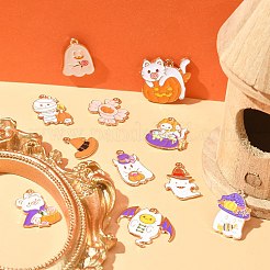 60スタイルのライトゴールドトーン合金エナメルペンダント12個。  カドミウムフリー＆鉛フリー  ハロウィン  ミイラとおばけと猫とカボチャ  オレンジ  17~25x17~27x1~2mm  穴：1.8mm  5個/スタイル&nbsp;ENAM-CJ0003-99