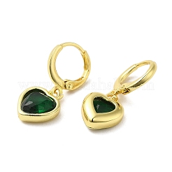 本物の18K金メッキ真鍮ダングルフレンチフックピアス  ハートのガラス付き  グリーン  25.5x10mm&nbsp;EJEW-L268-006G-03