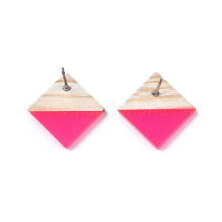 透明樹脂＆ウッドスタッドピアス  304ステンレスピン付き  菱形  ショッキングピンク  17x18mm  ピン：0.7mm&nbsp;EJEW-N017-005A-A04