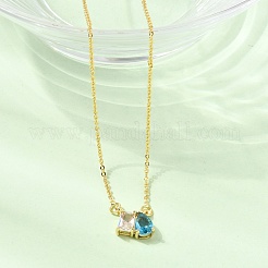 真鍮パヴェキュービックジルコニア長方形＆ティアドロップペンダントアズキチェーンネックレス  カドミウムフリー＆鉛フリー  ラックめっき  長持ちメッキ  ゴールドカラー  アクアマリン  16.99インチ（43.15cm）&nbsp;KK-CBAB173-05G-05