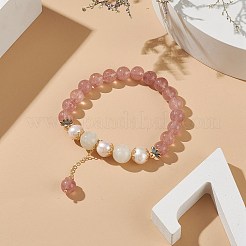 ナチュラル ストロベリー クォーツ & ホワイト ムーンストーン & パール ビーズ ストレッチ ブレスレット、女性用タッセル チャーム付き  内径：2-1/8インチ（5.4cm）&nbsp;BJEW-JB09009-01