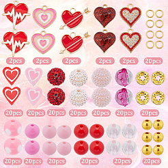 バレンタインデーのブレスレット作りキット  アクリル、ポリマークレイ、パヴェミラーボール、プラスチックラウンドビーズを含む  ハート合金エナメルチャーム  ピンク  320個/箱&nbsp;DIY-SC0023-40