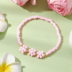ガラスシードストレッチブレスレット  女性のためのジュリー  花  ピンク  内径：2-1/8インチ（5.5cm）&nbsp;BJEW-JB110103-04