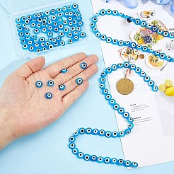 4 連売り 手作りランプワークビーズ 連売り  ナザールボンジュウ付きフラットラウンド  ドジャーブルー  10x4mm  穴：0.6mm  約40個/連  15.55インチ（39.5cm）&nbsp;LAMP-HS0001-09