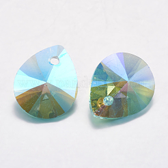 カット加工ガラスラインストーンペンダント  模造オーストリアのクリスタル  ティアドロップ  アクアマリン  12x10x5.5mm  穴：1.4mm&nbsp;RGLA-F053-C-202PS