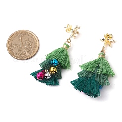 ポリコットンのタッセル付きクリスマスツリー＆ベルスタッドダングルイヤリング  女性用真鍮キュービックジルコニアスノーフレークイヤリング  グリーン  58.5x24mm&nbsp;EJEW-JE06076
