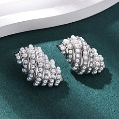 真鍮製のコンクスタッドピアス  アブソリュートプラスチック模造パール  長持ちメッキ  ラックめっき  鉛フリー＆カドミウムフリー  プラチナ  25x15.5mm&nbsp;EJEW-H165-01C-P
