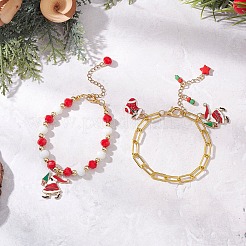 クリスマステーマの合金エナメルチャームブレスレットと鉄製ペーパークリップチェーンブレスレットセット2個、2スタイル  ガラスビーズ  サンタクロース  7-1/2~7-3/4インチ（19.1~19.6cm）&nbsp;BJEW-JB12443-04