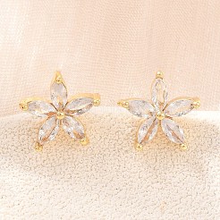 真鍮製 マイクロパヴェ キュービックジルコニア スタッドピアス 女性用  花  カドミウムフリー＆鉛フリー  長持ちメッキ  ラックめっき  18KGP本金メッキ  透明  11.5x12mm&nbsp;KK-A305-05G-01