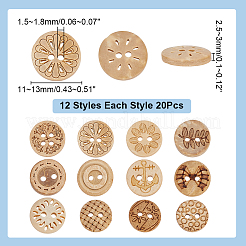 240個 12スタイル 4穴ココナッツボタン  フラットラウンド  混合図形  11~13x2.5~3mm  穴：1.5~1.8mm  20個/スタイル&nbsp;DIY-AR0004-67