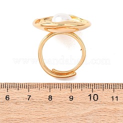 調節可能な真鍮とABSプラスチックのパールカフリング  フラットラウンド  ホワイト  18KGP本金メッキ  28x30mm  19mm&nbsp;RJEW-G368-06G