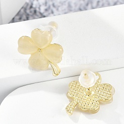 合金の猫の目のスタッドピアス  クローバー  淡いチソウ  15.5x12mm&nbsp;EJEW-M092-02G-01