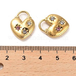 304ステンレスペンダント  ラインストーン付き  ハート南京錠チャーム  14KGP本金メッキ  17.5x14x4mm  穴：5.5x5.5mm&nbsp;X-STAS-L022-084G