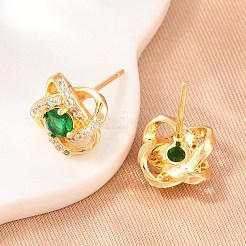 真鍮製 マイクロパヴェ キュービックジルコニア スタッドピアス 女性用  花  カドミウムフリー＆鉛フリー  長持ちメッキ  ラックめっき  18KGP本金メッキ  グリーン  10x10mm&nbsp;KK-A305-10G-02
