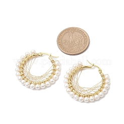 銅線で巻いた貝殻パールのフープピアス  女性用304ステンレスジュエリー  ゴールドカラー  35.5x4mm&nbsp;EJEW-TA00486