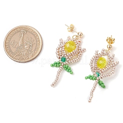 ガラスシードビーズダングルスタッドピアス  真鍮製スタッドピアス  花  ゴールドカラー  ミックスカラー  44x19.5mm  3のペア/セット&nbsp;EJEW-MZ00326