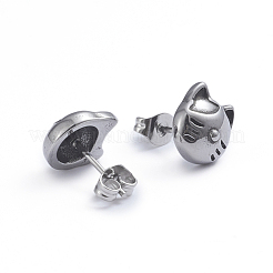レトロ 304 ステンレス スタッド イヤリング  耳ナッツ  猫の形  アンティークシルバー  10x9.3mm  ピン：0.7mm&nbsp;EJEW-L248-032AS