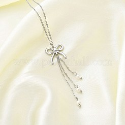 304ステンレススチールペンダントネックレス  ABSの模造パールと  蝶結び  ステンレス鋼色  15.55インチ（39.5cm）&nbsp;NJEW-K255-21P
