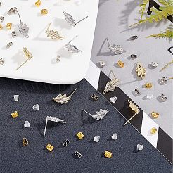 6ペア 2色 真鍮 マイクロパヴェ キュービックジルコニア スタッドピアス 金具 ループ付き  20個の鉄と20個のプラスチック製のイヤーナット付き  草  プラチナ·ゴールデン  14.2x7.5mm  穴：1mm  ピン：0.8mm  3ペア/カラー&nbsp;KK-NB0002-51