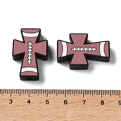 スポーツテーマシリコンビーズ  焦点ビーズ  ラグビー柄のクロス  ロージーブラウン  29~29.5x19~20x7mm  穴：2mm&nbsp;LS-SL-D001-02D