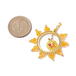 真鍮のペンダントが付いたガラスシードビーズ  星と太陽  ゴールドカラー  オレンジ  50x40~42x3.8mm  穴：3.8x3.6mm&nbsp;PALLOY-MZ00263