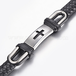 PUレザー組紐ブレスレット  304ステンレススチール製金具付き  クロスの長方形  ブラック  8-5/8インチ（220mm）  10~16x2.5~8.5mm&nbsp;BJEW-E324-C19