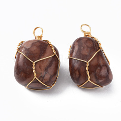 天然ヒョウ肌ジャスパーペンダント  金メッキ真鍮線を巻いたもの  ナゲット  14~25x15~32x13~21mm  穴：4mm&nbsp;G-N332-50-07