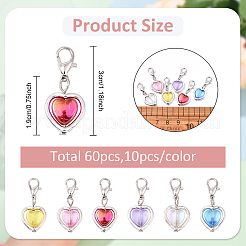 60個 6スタイルのハートアクリル&合金ペンダントデコレーション  合金製カニカン付き  ミックスカラー  30mm  10個/スタイル&nbsp;PALLOY-YW00090