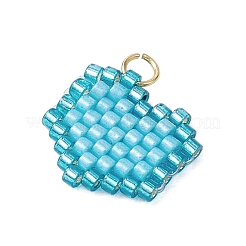 シードビーズ ビーズチャーム  丸カン付き  ハートペンダント  ディープスカイブルー  14x14.5x2mm  穴：2.7mm&nbsp;PALLOY-MZ00359-03