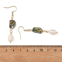 天然アワビ貝と天然真珠のドロップピアス  女性用304ステンレススチールダングルイヤリング  ナゲット  ゴールドカラー  60x8~14mm&nbsp;EJEW-JE07333