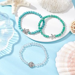 3個 3スタイル ラウンドガラス&合成ターコイズビーズ ストレッチブレスレットセット 女性用  チベット風合金ビーズ  混合図形  アンティークシルバー  内径：2-1/4~2-1/2インチ（5.8~6.2cm）  1個/スタイル&nbsp;BJEW-JB11654