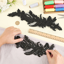 ガラスのラインストーンの花のアップリケ  ポリエステル刺繍装飾アクセサリー  ブラック  340x95x5mm&nbsp;DIY-WH0579-67B