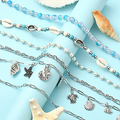 6個6スタイルの海をテーマにした合成ターコイズ＆マグネサイトビーズと合金製野球帽チェーン  304ステンレススチール製金具付き  混合図形  275~300mm  1個/スタイル&nbsp;HJEW-SC0002-34