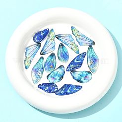 16個7スタイル透明エポキシ樹脂ペンダント  花柄のチャームが付いた羽  金箔  ブルー  39x19x2.5mm  穴：1mm&nbsp;RESI-FS0002-33A