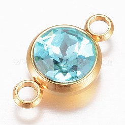 ガラスリンクコネクター  多面カット  304ステンレススチール製金具付き  フラットラウンド  ゴールドカラー  ターコイズ  17.5x10x6.5mm  穴：2.5mm&nbsp;GLAA-G018-G06
