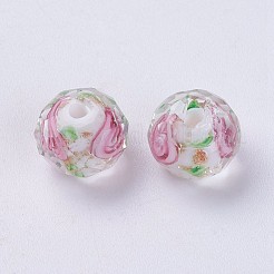 手作りランプワークビーズ  インナーフラワー  ファセットロンデル  ホワイト  9x7mm  穴：1.5mm&nbsp;LAMP-J089-E10