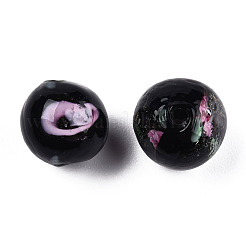 手作りランプワークビーズ連売り  花の丸  ブラック  9.5mm  穴：1.5mm  約50個/連  18.90インチ（48cm）&nbsp;LAMP-N021-45A
