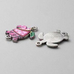 亜鉛合金エナメル コネクタ チャーム  プラチナ  花柄のウミガメリンク  ショッキングピンク  24x18x2mm  穴：1.7mm&nbsp;FIND-WH0136-19C