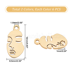 12個2色304ステンレスペンダント  抽象的な顔  ミックスカラー  16x8.5x1mm  穴：1.6mm  6個/カラー&nbsp;STAS-UN0027-59