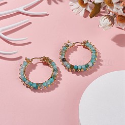 天然瑪瑙ビーズフープピアス  女性用304ステンレススチールワイヤーラップジュエリー  ゴールドカラー  ターコイズ  43x43.5x9mm  ピン：1.1x0.6mm&nbsp;EJEW-JE04847-04
