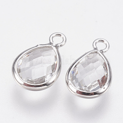 ガラスチャーム  真鍮パーツ  多面カットティアドロップ  透明  ニッケルフリー  プラチナメッキ  12x7x3mm  穴：1.2mm&nbsp;X-KK-Q752-001P