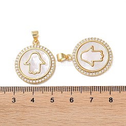 真鍮マイクロパヴェクリアキュービックジルコニアペンダント  カドミウムフリー＆鉛フリー  シェルと  18KGP本金メッキ  ハムサの手でフラットラウンド  透明  25x21x2mm  穴：3.5x4mm&nbsp;KK-B083-18G