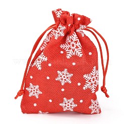 クリスマスをテーマにした黄麻布のパッキングポーチ  巾着袋  雪の結晶模様と  レッド  14.5x10.1x0.3cm&nbsp;ABAG-L007-01A-03