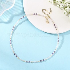 天然石のファセット加工を施したラウンドビーズネックレス  ゴールドカラー  15.35インチ（39cm）&nbsp;NJEW-JN06430