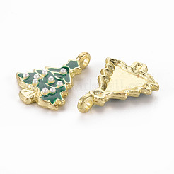 メッキ合金エナメルチャームラック  白いABSプラスチックイミテーションパール付き  カドミウムフリー＆鉛フリー  ライトゴールド  クリスマスツリーのチャーム  濃い緑  24.5x18x5mm  穴：2mm&nbsp;PALLOY-Q433-024-RS