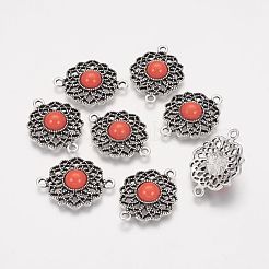 チベットスタイルの合金リンクコネクター  樹脂と  花  アンティークシルバー  レッド  28.5x21.5x6mm  穴：2mm&nbsp;PALLOY-G170-01AS