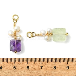 天然宝石と真珠を銅線で包んだペンダント  ファセットスクエアチャーム  ゴールドカラー  28x9x5mm  穴：3mm&nbsp;PALLOY-JF05841