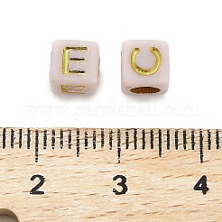 不透明なアクリルビーズ  文字付きのキューブ  ゴールドライン入り  貝殻色  6x6x9mm  穴：3mm  約3125個/500g&nbsp;OACR-H046-01E